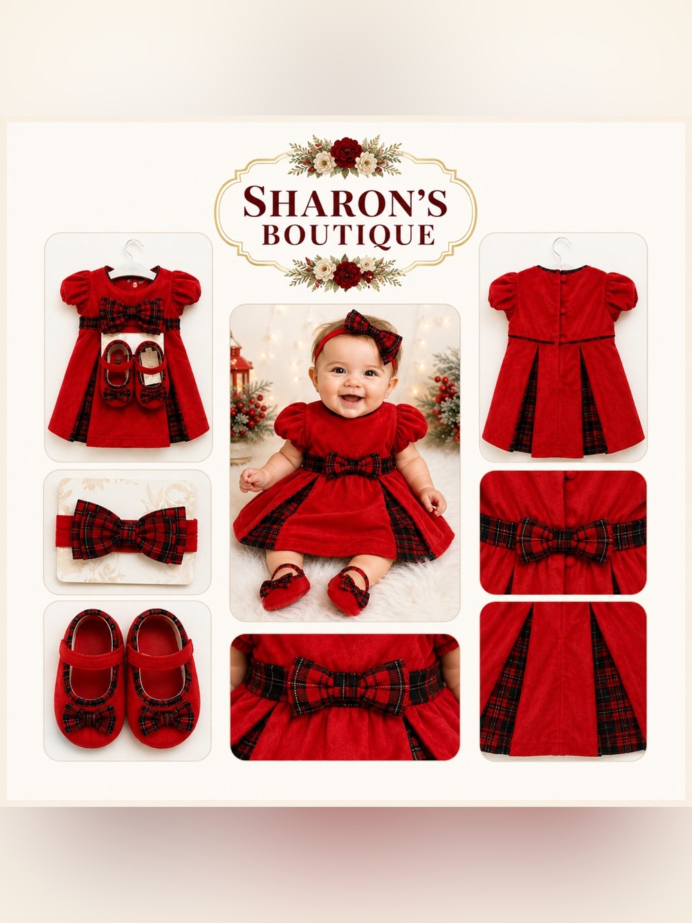 Tommy Bahama Baby Girl 3-6M NWT Red Velvet Plaid 3-Pc Holiday Set